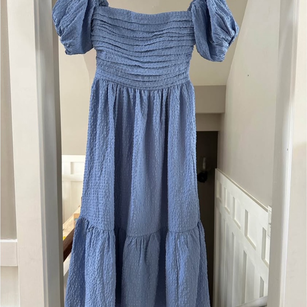 NWT Blue Abercrombie Emerson Off the Shoulder Puff Sleeve Dress size XS